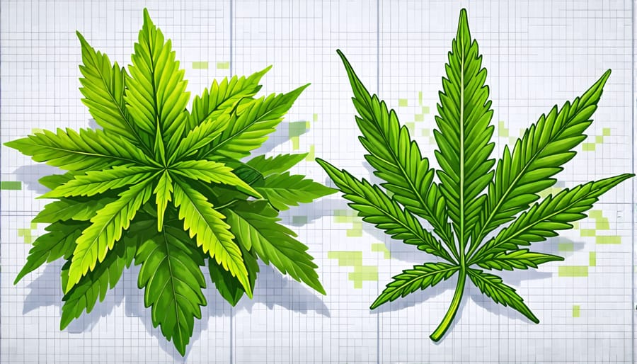 Illustrated comparison of kratom leaves and a cannabis plant, emphasizing their differences and potential in pain management.