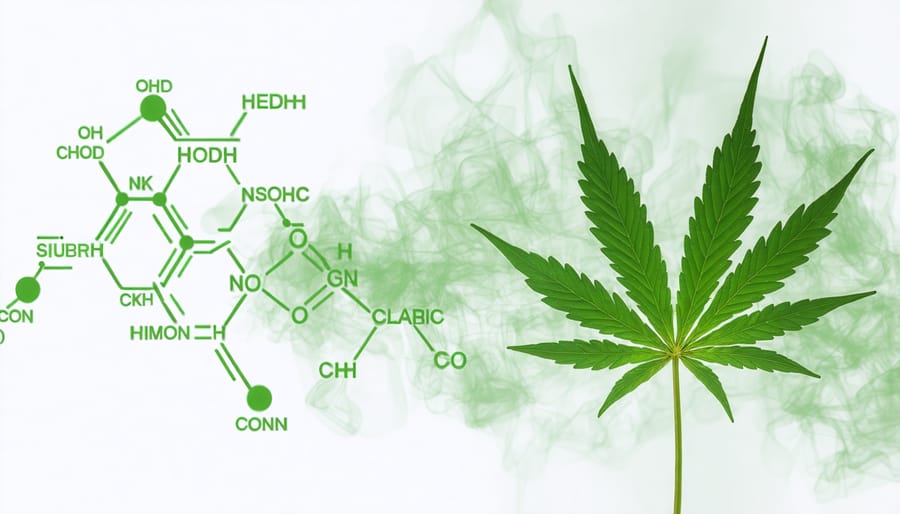 Molecular composition of cannabis compounds accompanied by an image of a vaporizer