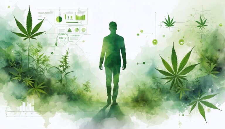 Conceptual depiction of human silhouettes with botanical elements and endocannabinoid system diagrams, illustrating the healing potential of CBD oil for chronic health conditions.