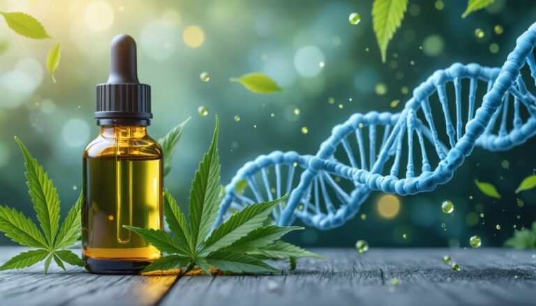 Illustration depicting a bottle of CBD oil with abstract representations of CB1 and CB2 receptors, and symbols of scientific research such as a DNA strand and neurons, set against a calming blue and green background.