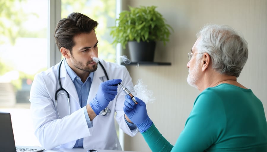 Healthcare provider discussing cannabis vaping therapy with patient in medical office