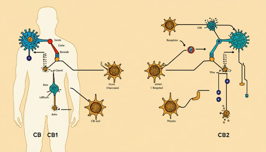 Scientific illustration of endocannabinoid system receptors and their distribution throughout the human body