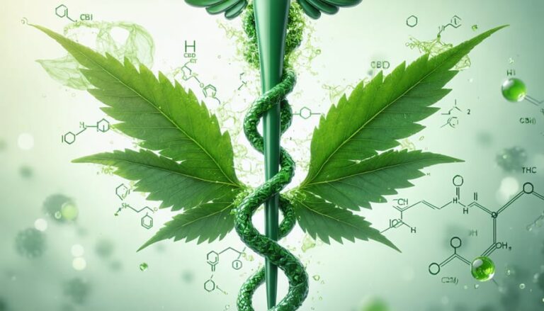 A conceptual illustration showing a cannabis leaf intertwined with a medical caduceus symbol, alongside molecular structures of CBD and THC, representing the integration of cannabis in modern healthcare.